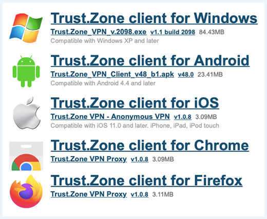 Screenshot of Trust.Zone, supported devices