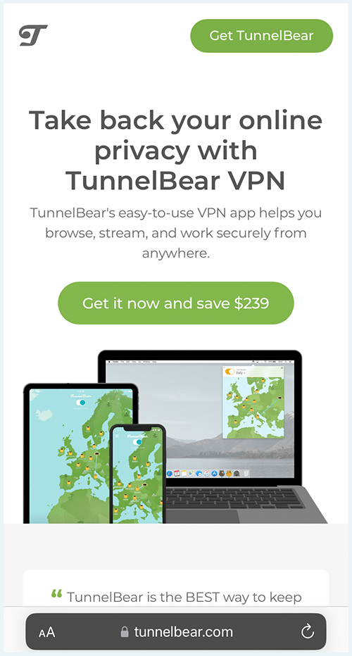 A screenshot of the TunnelBear homepage on iPhone.