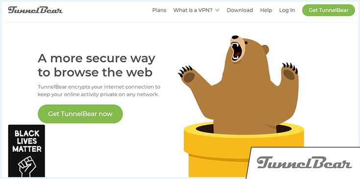 TunnelBear VPN website homepage with added logo in the corner