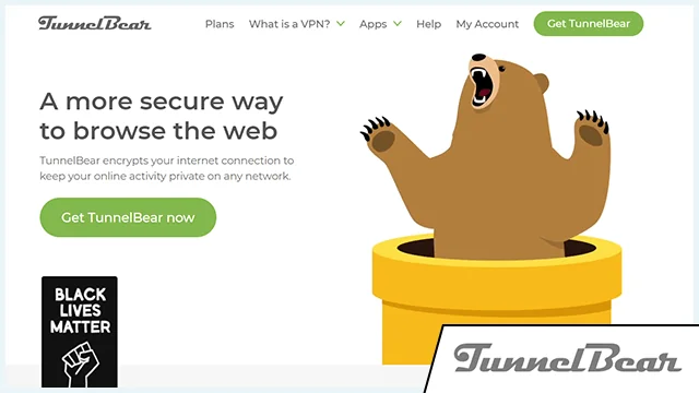 Screenshot of TunnelBear, website homepage with added logo in the corner