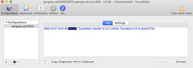 Screenshot of Tunnelblick Configurations with Config