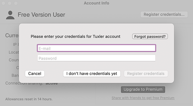 Screenshot of Tuxler VPN, account info