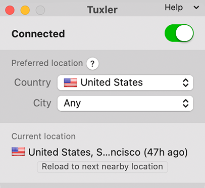 Screenshot of Tuxler VPN, app home screen