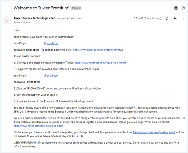 Screenshot of Tuxler VPN, confirmation email