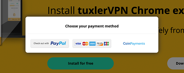 Screenshot of Tuxler VPN, payment method