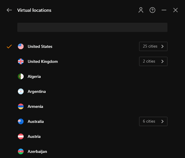 Screenshot of UltraVPN, servers