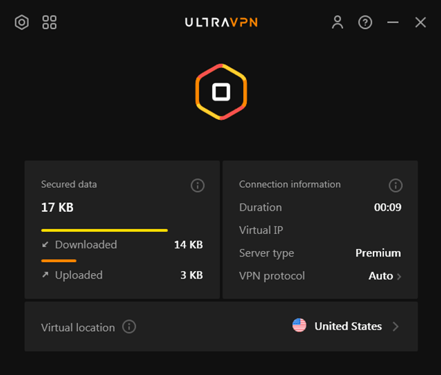 Screenshot of UltraVPN, client connected