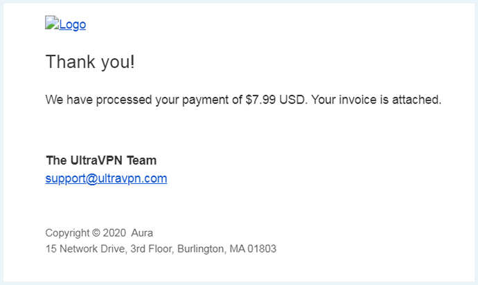 Screenshot of UltraVPN, email after purchase