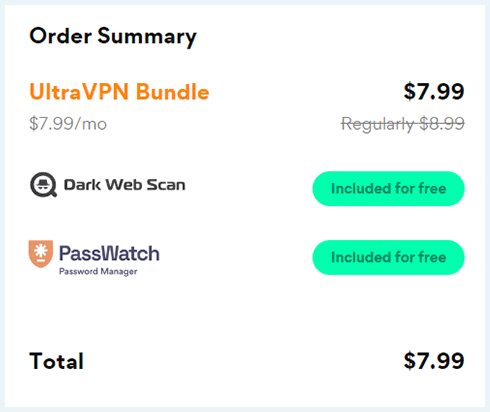 Screenshot of UltraVPN, final bundle summary