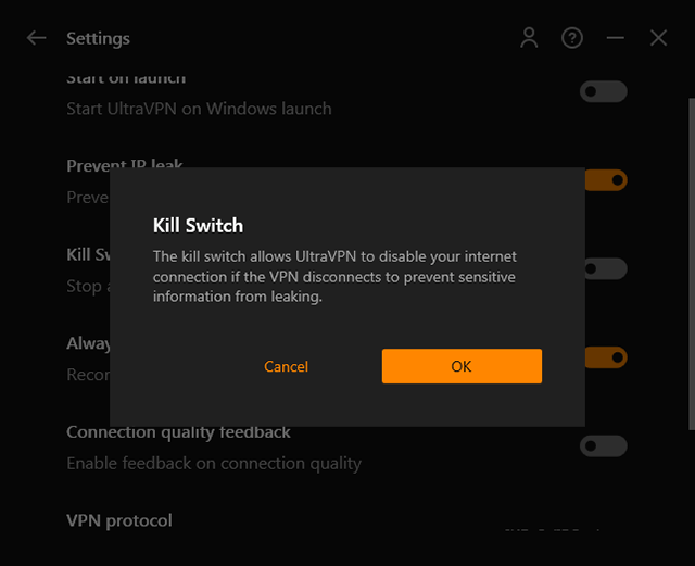 Screenshot of UltraVPN, kill switch