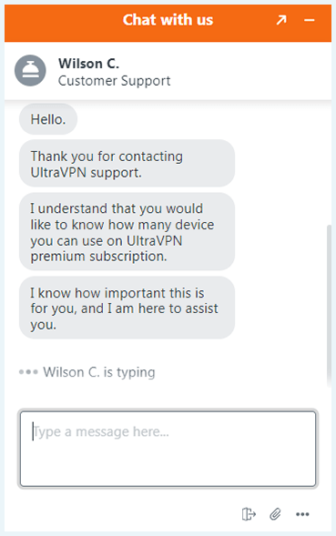 Screenshot of UltraVPN, live chat
