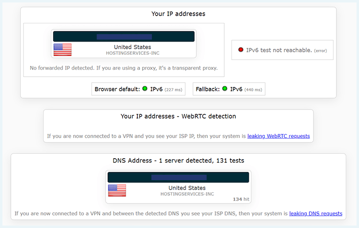 Screenshot of UltraVPN, no DNS leak