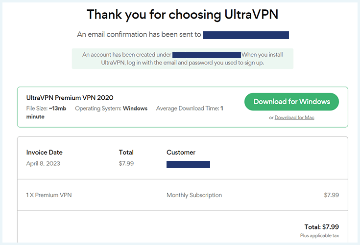 Screenshot of UltraVPN, pop-up after purchase