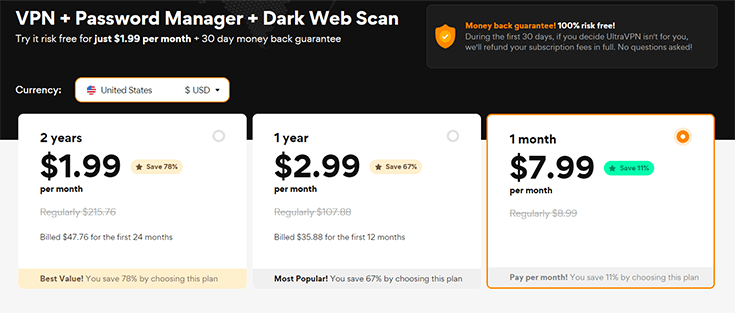 Screenshot of UltraVPN, pricing plans