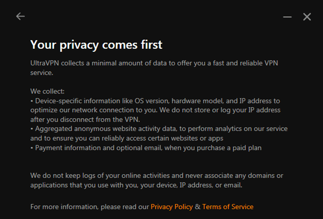 Screenshot of UltraVPN, privacy disclaimer