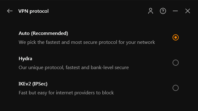Screenshot of UltraVPN, protocols