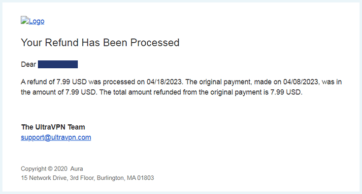 Screenshot of UltraVPN, refund email