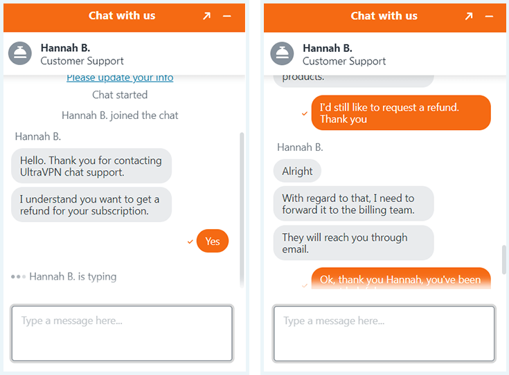 Screenshot of UltraVPN, refund request chat