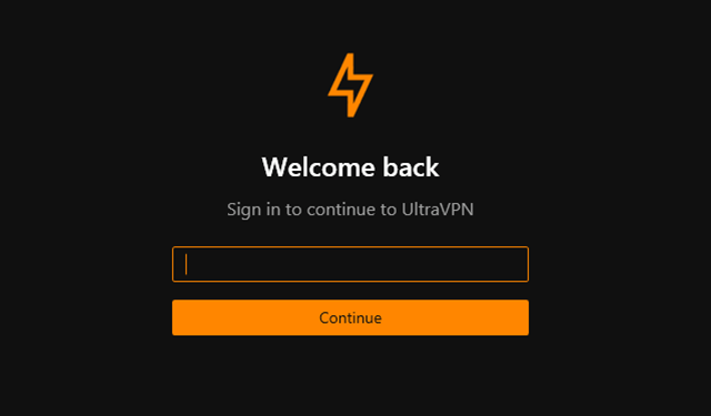 Screenshot of UltraVPN, sign in screen