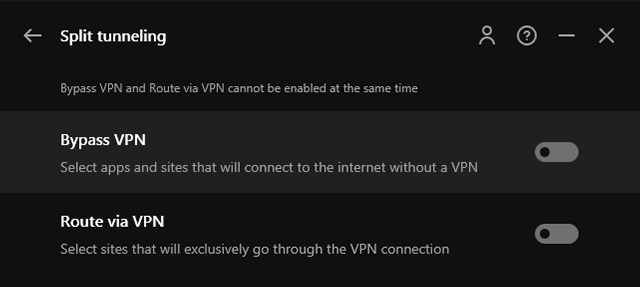 Screenshot of UltraVPN, split tunneling