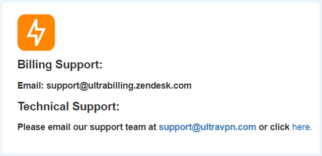 Screenshot of UltraVPN, support emails