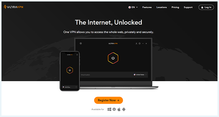 Screenshot of UltraVPN, website homepage