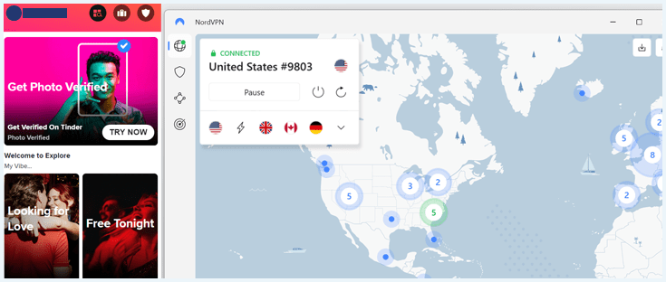 Screenshot of NordVPN connected to a US server and Tinder side-by-side