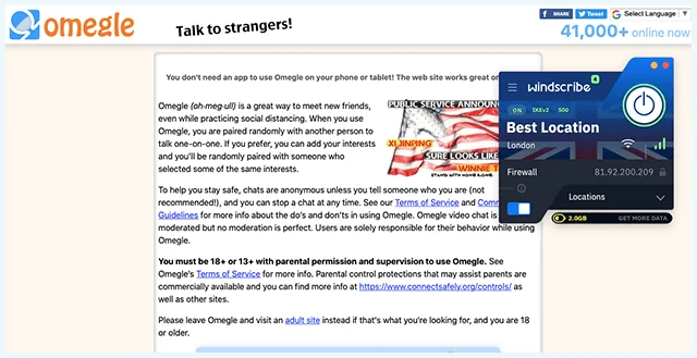 Screenshot of using Omegle with Windscribe