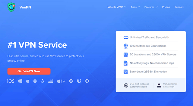 Screenshot of VeePN app, website homepage