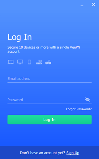 Screenshot of VeePN app, login window