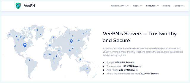 Screenshot of VeePN app, overview server network