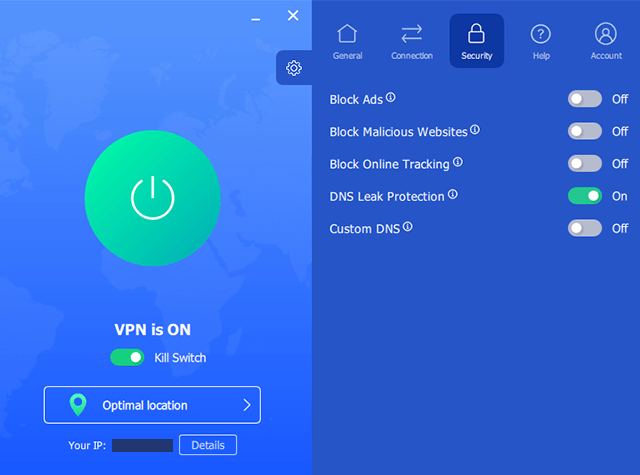 Screenshot of VeePN app, security tab