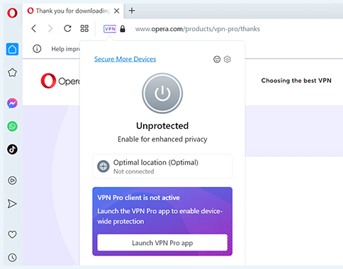 Screenshot of Opera VPN, browser extension unprotected