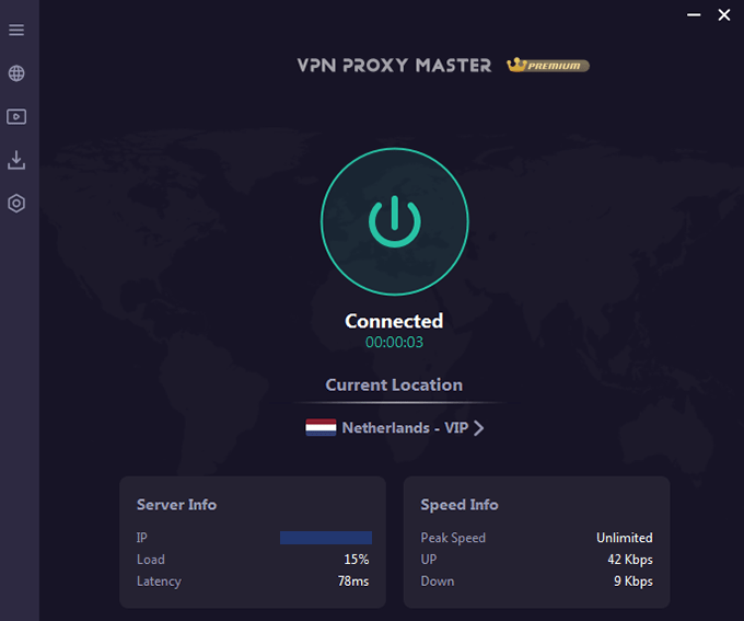 Screenshot of VPN Proxy Master, client connected