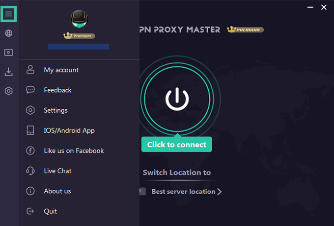 Screenshot of VPN Proxy Master, hamburger menu