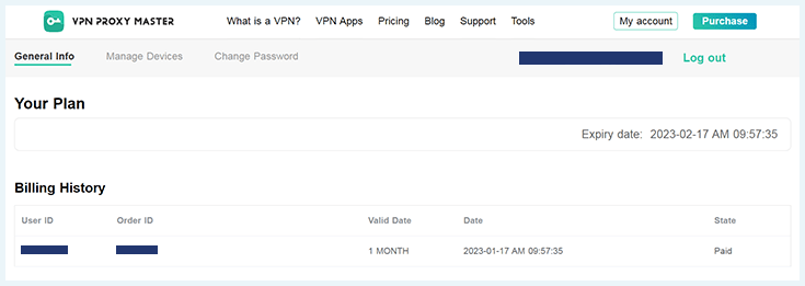 Screenshot of VPN Proxy Master, personal Dashboard