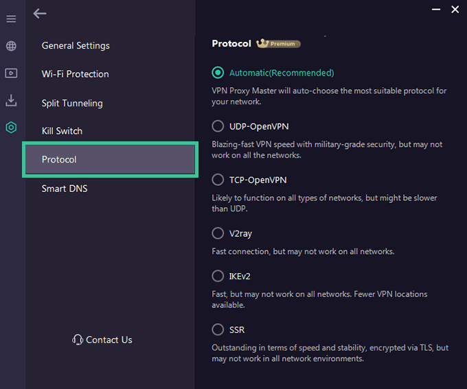 Screenshot of VPN Proxy Master, protocols