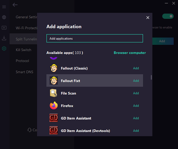 Screenshot of VPN Proxy Master, split tunneling, add stuff