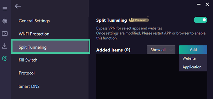 Screenshot of VPN Proxy Master, split tunneling