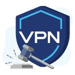 VPN shield next to a gavel to symbolize the legality of a VPN