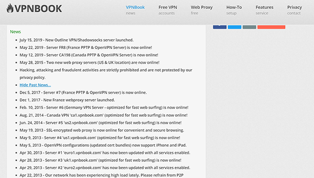 Screenshot of VPNBook, news section