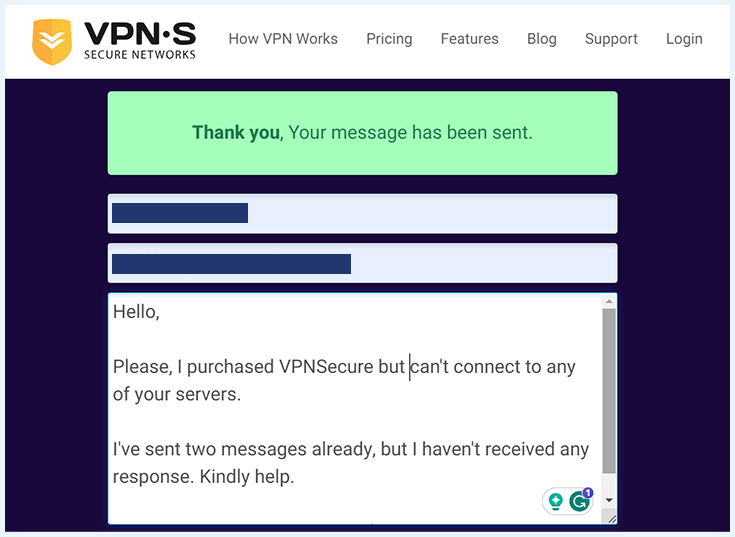 VPNSecure, contact form, your message has been sent notice