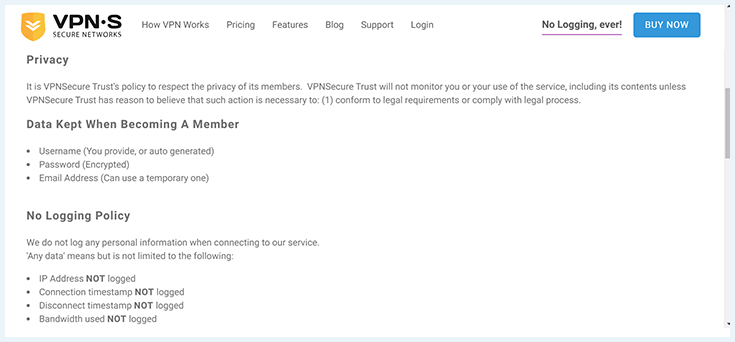 VPNSecure, Privacy policy and No Logging Policy