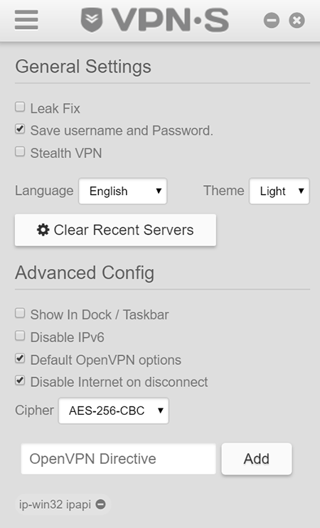 VPNSecure, General settings and Advanced Config