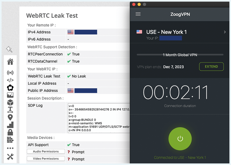 ZoogVPN passing a WebRTC leak test