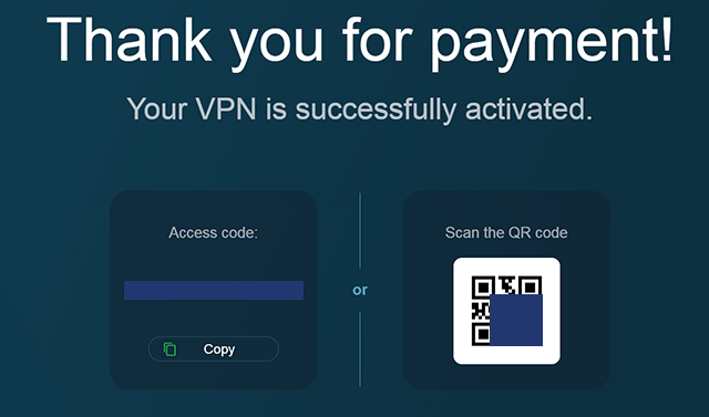 Screenshot of Whoer VPN, activation code after purchase