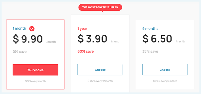 Screenshot of Whoer VPN, pricing plans