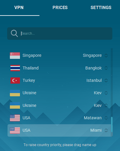 Screenshot of Whoer VPN, server list