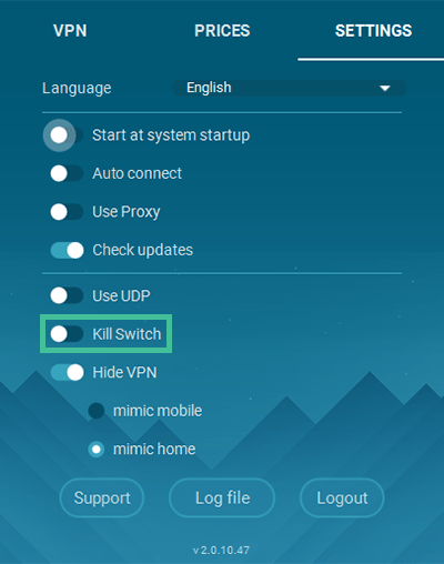 Screenshot of Whoer VPN, settings window, kill switch option highlighted