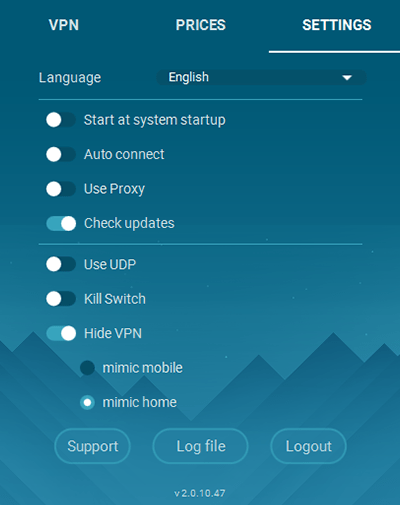 Screenshot of Whoer VPN, settings window